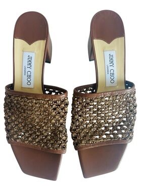 Jimmy Choo Brown Themis Raffia Mule Woven Leather Slide Sandals
